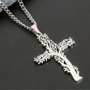 Stainless steel tree of life cross necklace